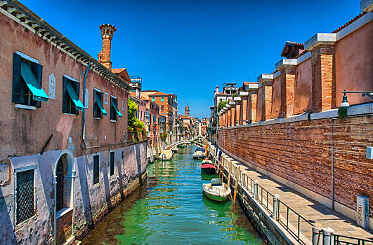 景色,运河,船,威尼斯,意大利