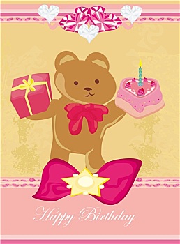 生日卡,甜,泰迪熊,拿着,生日蛋糕