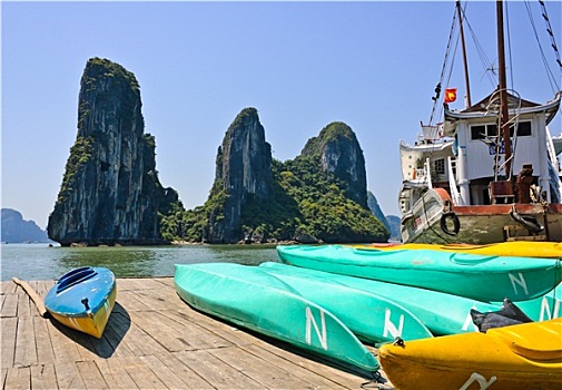 皮划艇,越南,船,石灰石,山,背景,下龙湾