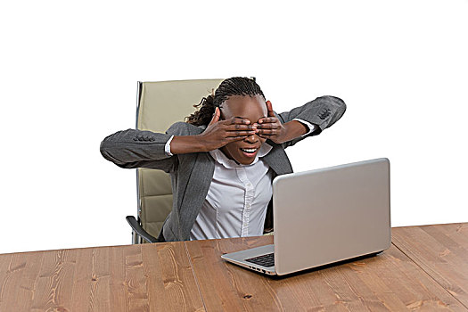 非洲,职业女性,坐,书桌,工作,笔记本电脑,隔绝,白色背景,背景