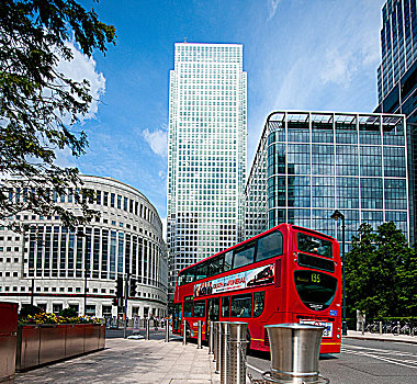 英格兰,伦敦,金丝雀码头,红色,双层巴士,最高,建筑,英国