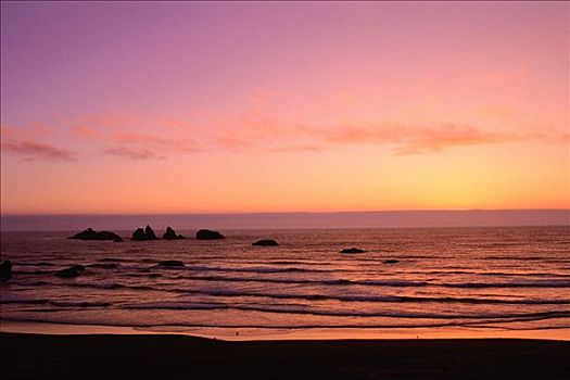 日落,班顿海滩,太平洋海岸,俄勒冈,美国