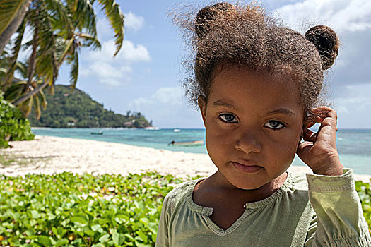 女孩,海滩,头像,普拉兰岛,塞舌尔,非洲