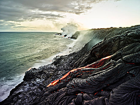 火山,喷发,火山岩,发光,热,熔岩流,火山国家公园,夏威夷,美国,北美