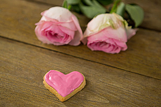 粉色,玫瑰,心形,饼干,厚木板,特写