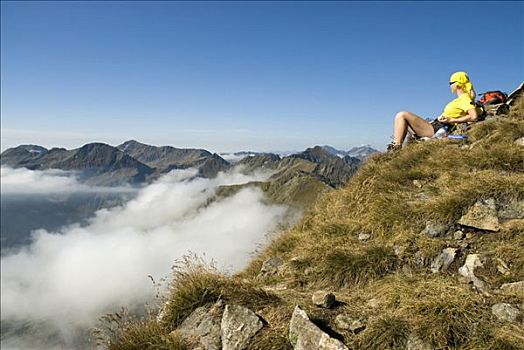 坐,女人,顶峰,山,施蒂里亚,奥地利,欧洲