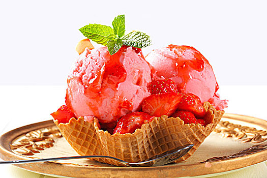 冰淇淋,草莓,威化脆皮,碗