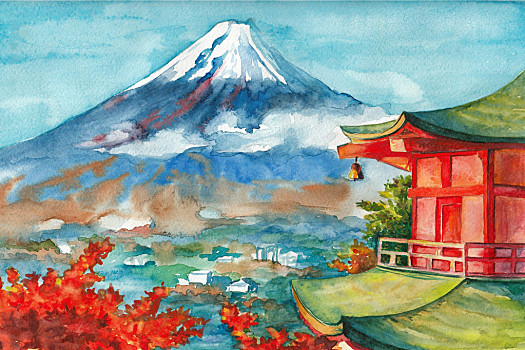插画,山,富士山,水彩,风景