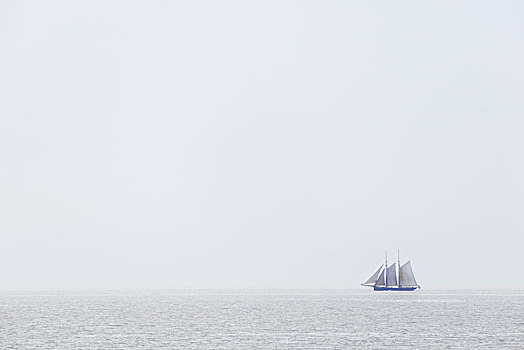 帆船,二桅帆船,北海,雾,东弗里西亚群岛,下萨克森,德国,欧洲