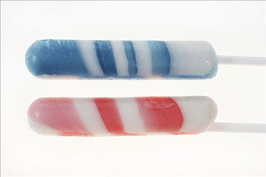两个,困难,冰糖,冰糕,棍,一个,蓝色,白色,条纹,棒糖,红色