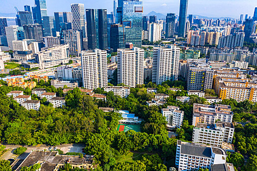 航拍深圳大学上空风光与南山高楼大厦片区风光