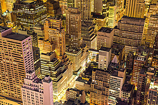 俯拍,中心,曼哈顿,纽约,美国,黄昏,光亮,摩天大楼
