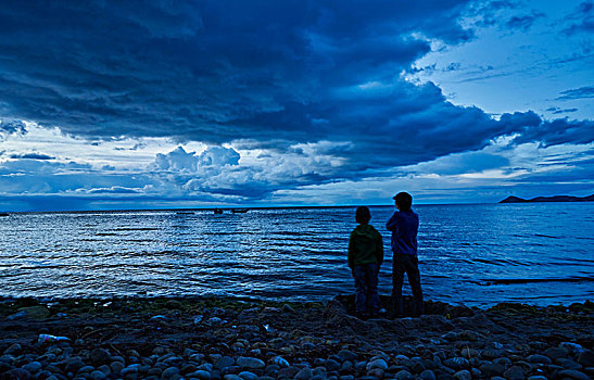 两个男孩,站立,旁侧,湖,观景,后视图,科帕卡巴纳,玻利维亚,南美