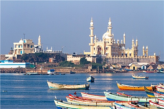 捕鱼,港口,清真寺,背景,阿拉伯海,印度