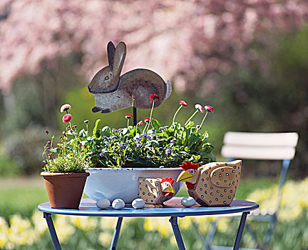 花盆,复活节装饰,花园桌