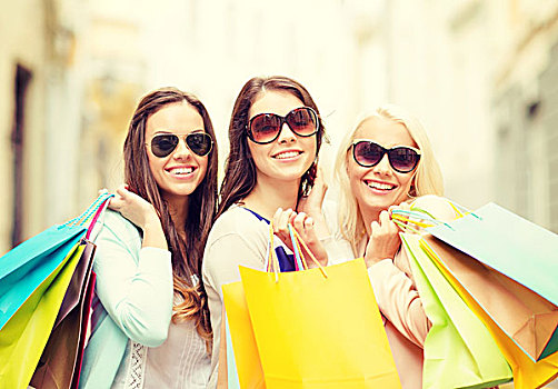 购物,销售,高兴,人,旅游,概念,三个,美女,女孩,墨镜,购物袋