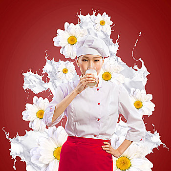 亚洲女性,烹饪,牛奶,红色,围裙,花,背景,喝