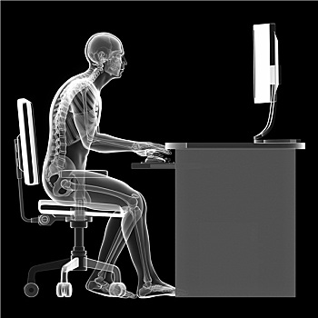 插画,一个,男人,工作,电脑,错误,坐,姿势