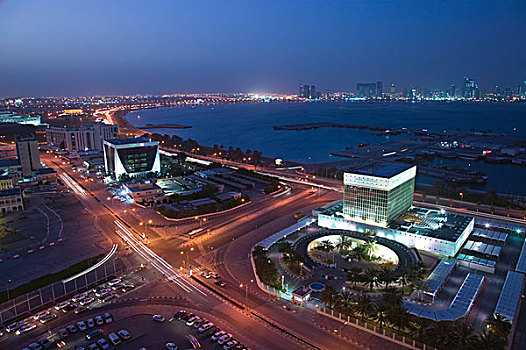 卡塔尔,广告,多哈,俯视,中央银行,港口,西部,湾,晚间