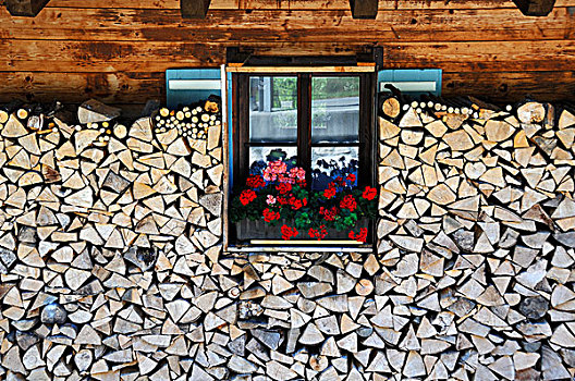木柴,一堆,窗,木屋,玛丽亚-格恩,上巴伐利亚,德国,欧洲