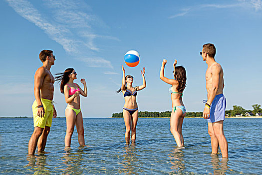 友谊,海洋,暑假,休假,人,概念,群体,微笑,朋友,戴着,泳衣,墨镜,交谈,海滩