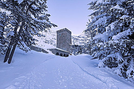 雪,小路,观景楼,塔,山谷,恩加丁,瑞士