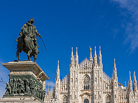 骑马雕像,风景,哥特式,大教堂,广场,中央教堂,米兰,伦巴第,意大利,欧洲