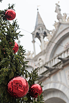 特写,圣诞树,威尼斯,历史,建筑,背景,思考,红色,圣诞树球
