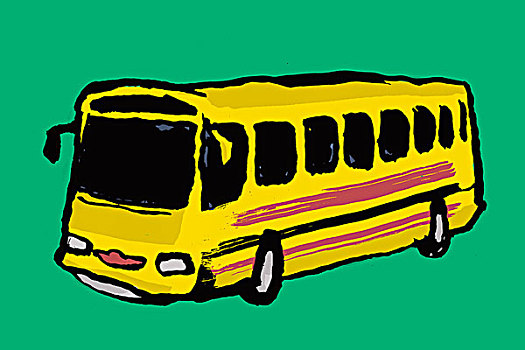 插画,黄色,巴士,绿色背景