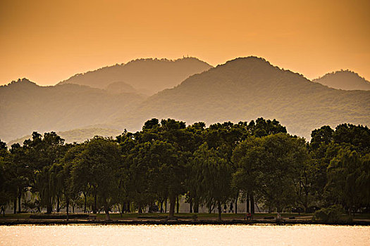 山,西湖,日落,杭州,浙江,中国,亚洲