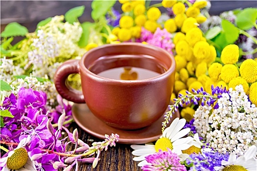 茶,花,粘土,杯子,暗色,木板