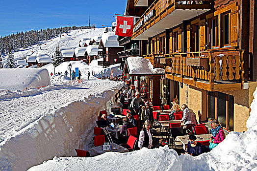 露天茶座,积雪,房子,贝特默阿尔卑,阿莱奇地区,瓦莱,瑞士,欧洲