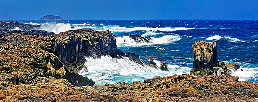 海岸,玄武岩,悬崖,海浪,兰索罗特岛,加纳利群岛,西班牙,欧洲