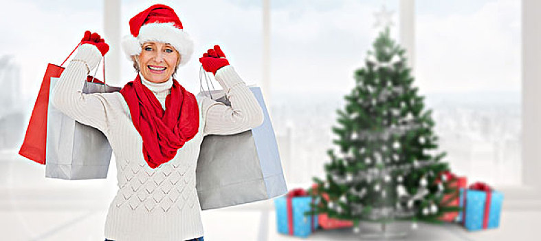 合成效果,图像,喜庆,女人,拿着,购物袋,家,圣诞树