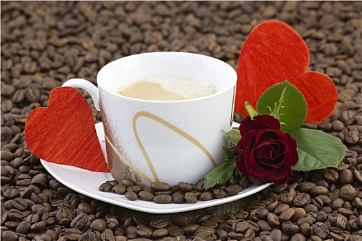 咖啡杯,红玫瑰,心形