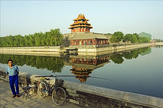 一个,男人,钓鱼,护城河,反射,宫殿,墙壁,塔,故宫,北京,中国