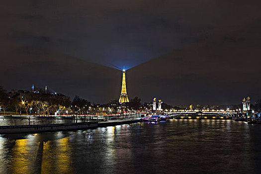 法国,巴黎,赛纳河,协和飞机,桥,亚历山大三世,夜晚,埃菲尔铁塔,背景