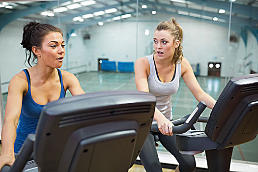 两个女人,锻炼,健身自行车,健身房