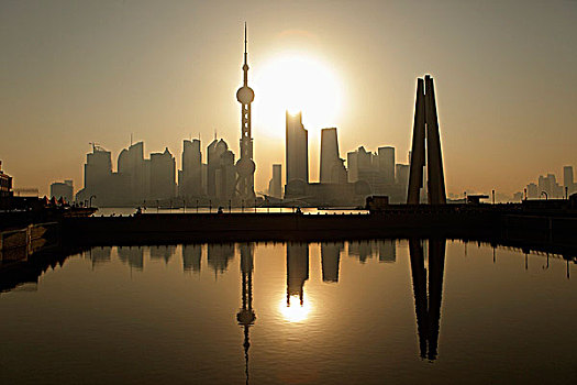 上海,天际线,英雄,战争纪念碑,前景,反射,水中,日出,中国