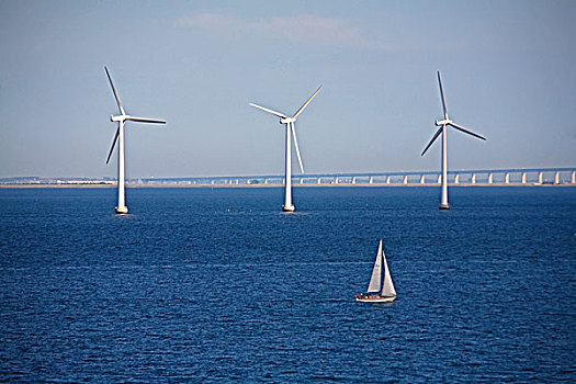 三个,风轮机,帆船,水,哥本哈根,丹麦