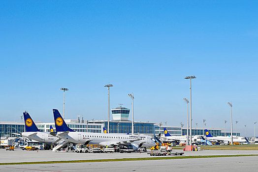 汉莎航空公司,飞机,柏油路,机场,慕尼黑,上巴伐利亚,德国,欧洲