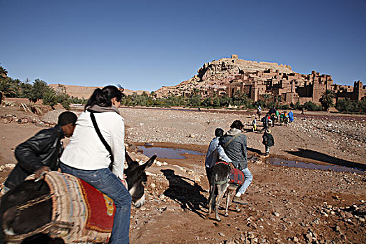 非洲,北非,摩洛哥,区域,瓦尔扎扎特,要塞,游客,骑,驴
