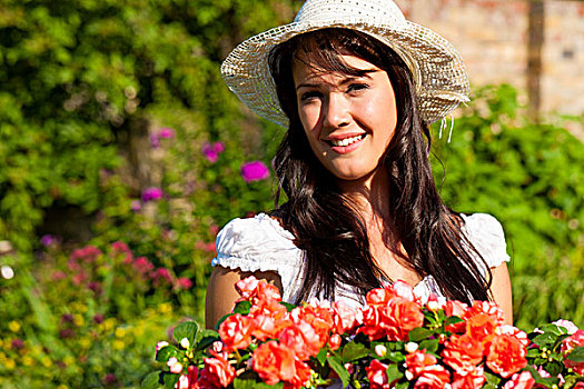 园艺,夏天,高兴,女人,花,帽子,花园