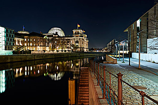 德国国会大厦,建筑,夜晚,政府,地区,柏林,反射