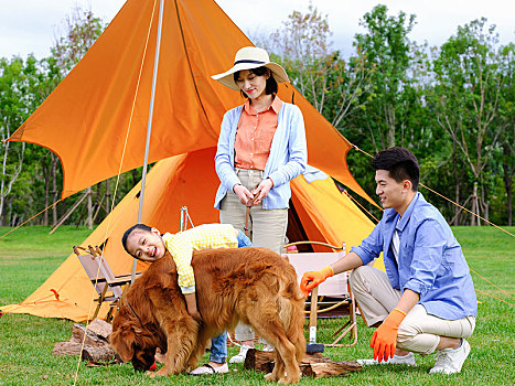 快乐的三口之家和宠物狗在户外露营