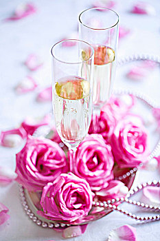 两个,香槟酒杯,玫瑰,装饰