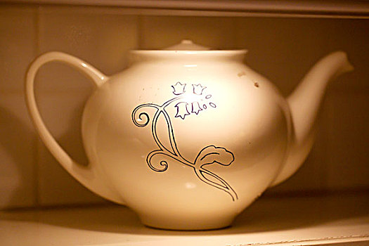 一把带花纹的白色陶瓷茶壶