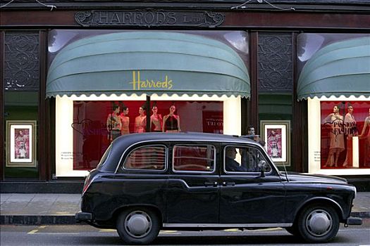 出租车,正面,橱窗,哈洛兹,百货公司,伦敦,英格兰,英国,欧洲
