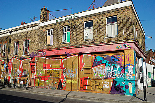 英格兰,伦敦,烛芯,涂鸦,遮盖,墙壁,纳皮尔,废弃,酒吧