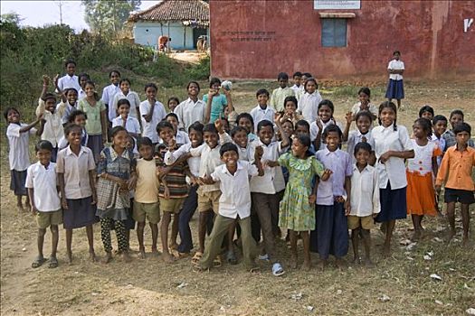 孩子,正面,学校,部族,甘哈国家公园,印度